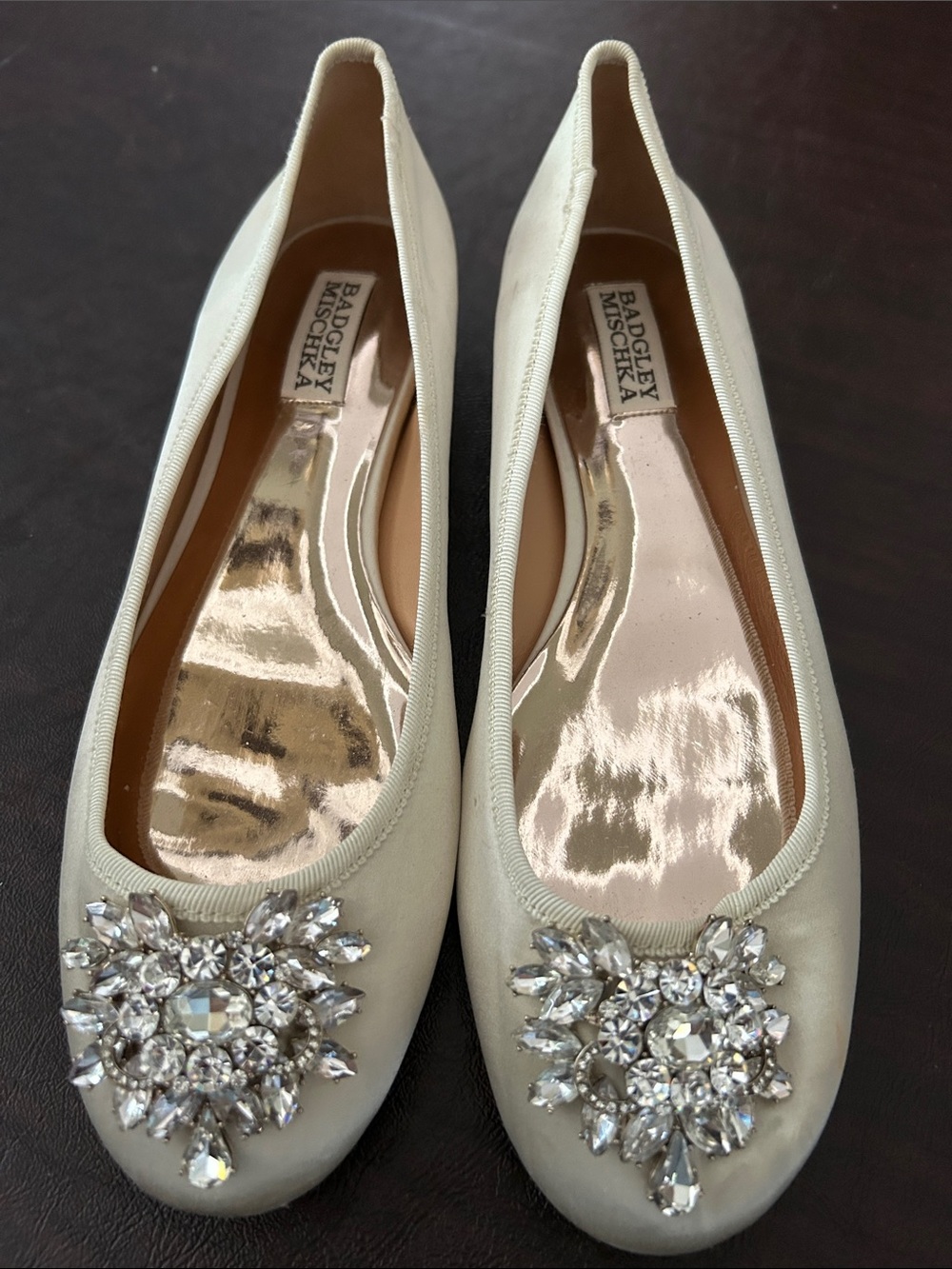 Badgley Mischka Ivory Crystal-Embellished Ballet Flats